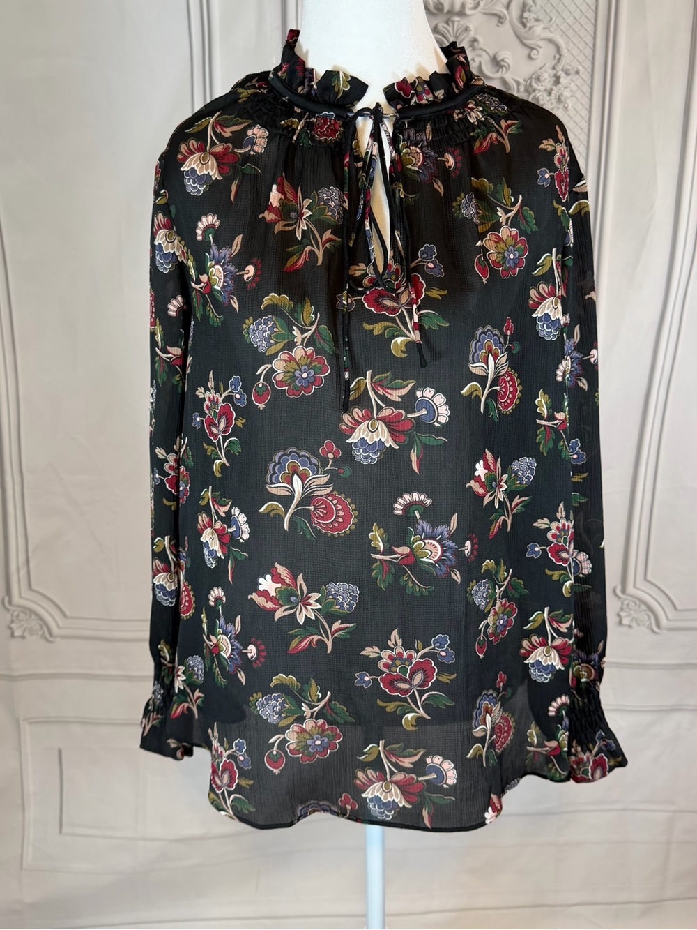 Ann Taylor Size MP Black Floral Smocked Tie Neck Sheer Blouse Dark Romantic Boho